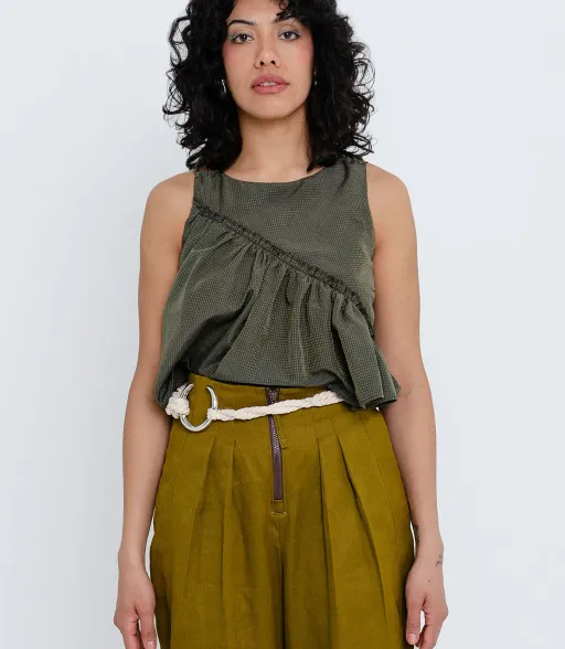 Ganni Gathered Tank Top (Khaki Silk/Cotton)