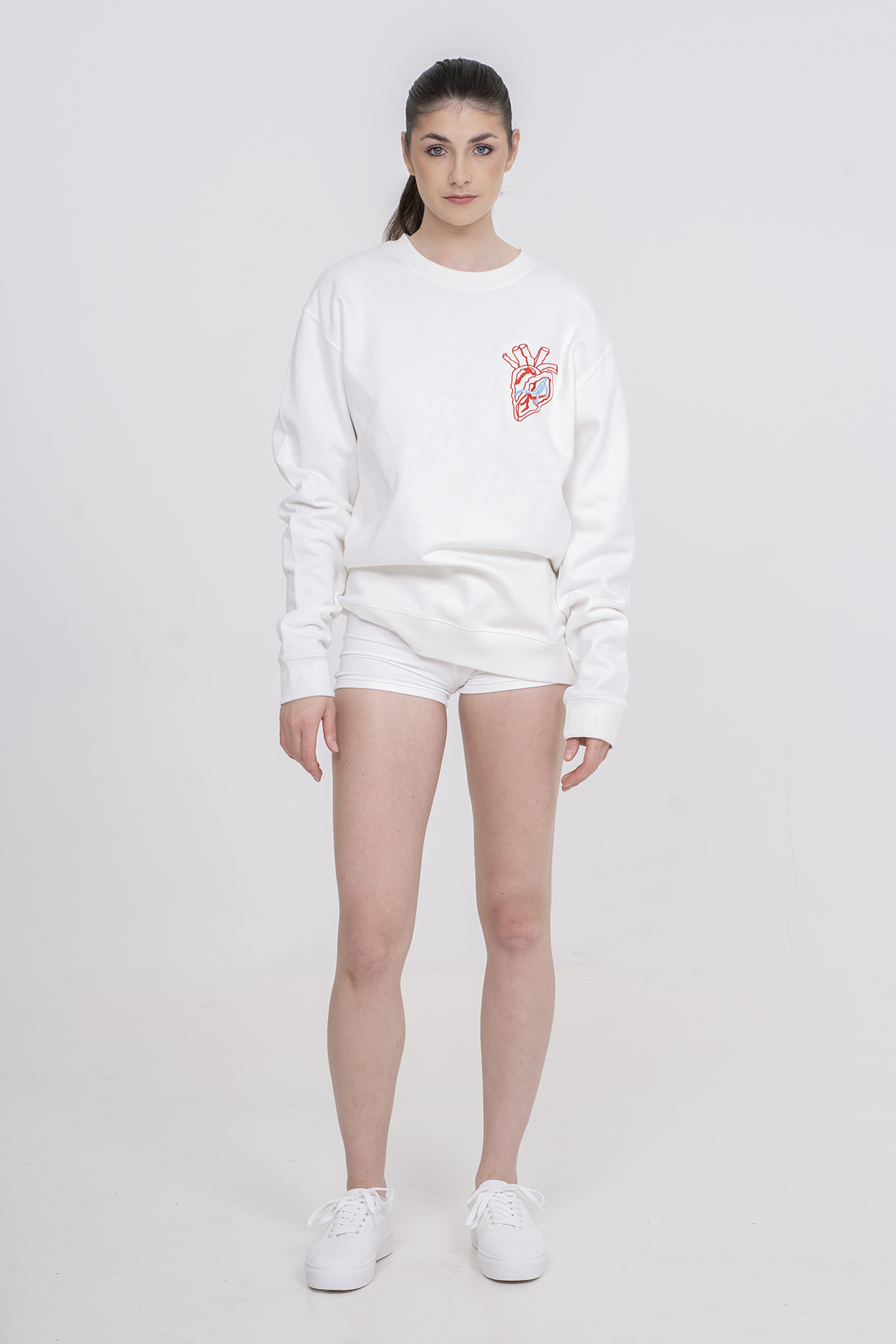 White Crewneck with a Small Heart Embroidered 