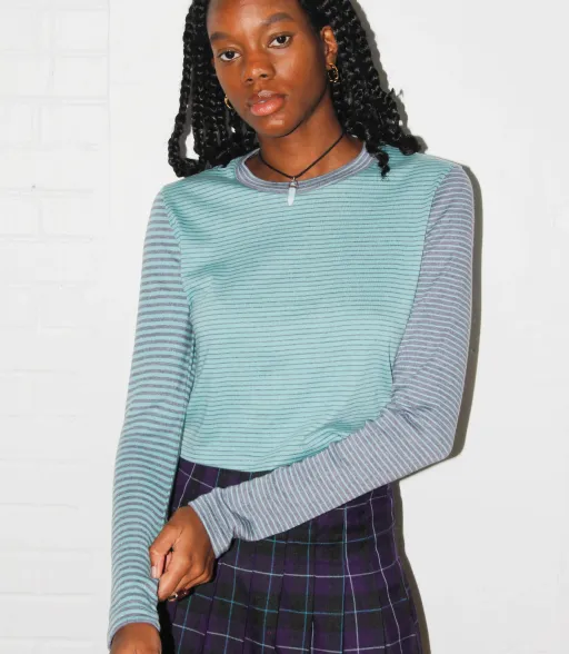 Studio Citizen Fitted Top in Aqua Teal and Mauve Stripes
