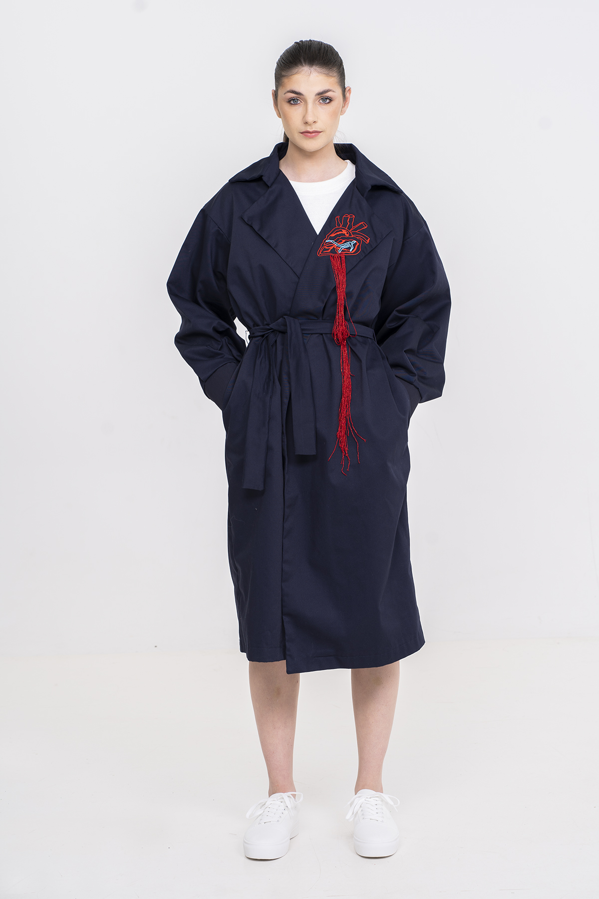 Blue Marine Trenchcoat with Dripping Heart Embroidery 