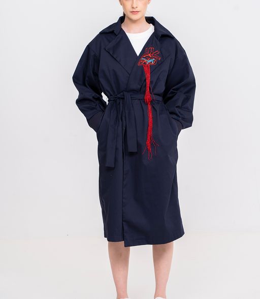 Blue Marine Trenchcoat with Dripping Heart Embroidery