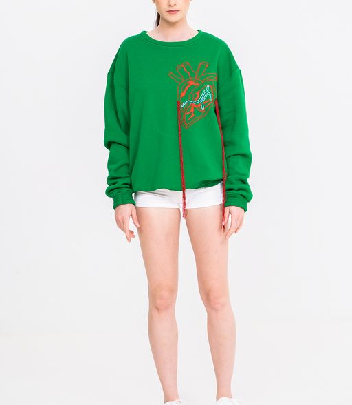 Crewneck vert avec coeur brodé surdimensionné