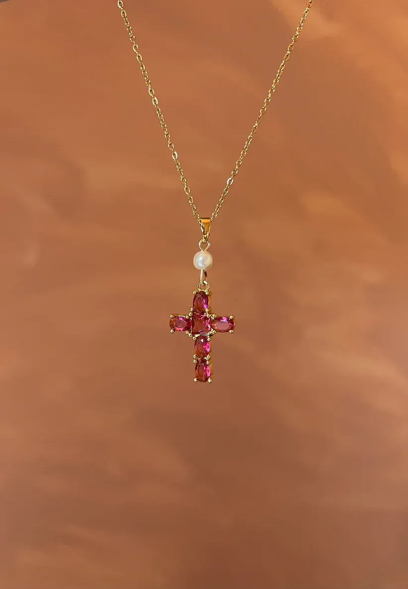 Pink cross with freshwater pearl