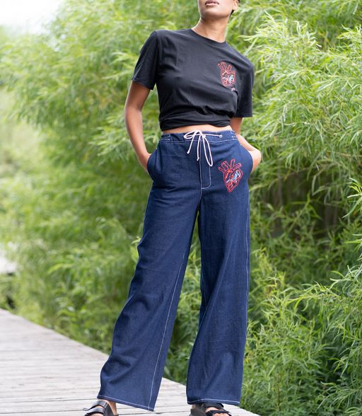 Denim Pants with Embroidered Heart