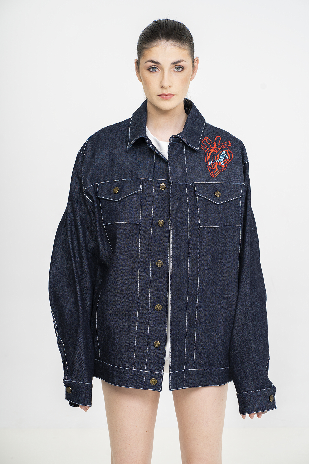 Denim Embroidered Heart Oversize & Unisex Jacket 