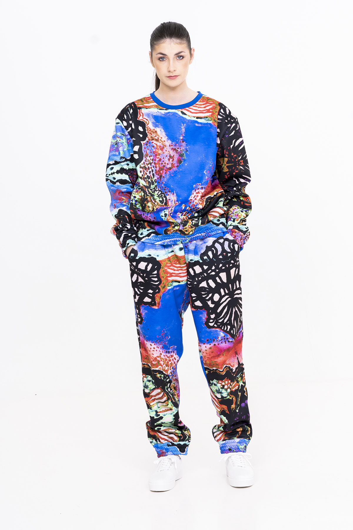 Blue Abstract Butterfly Print Crewneck and Pants 