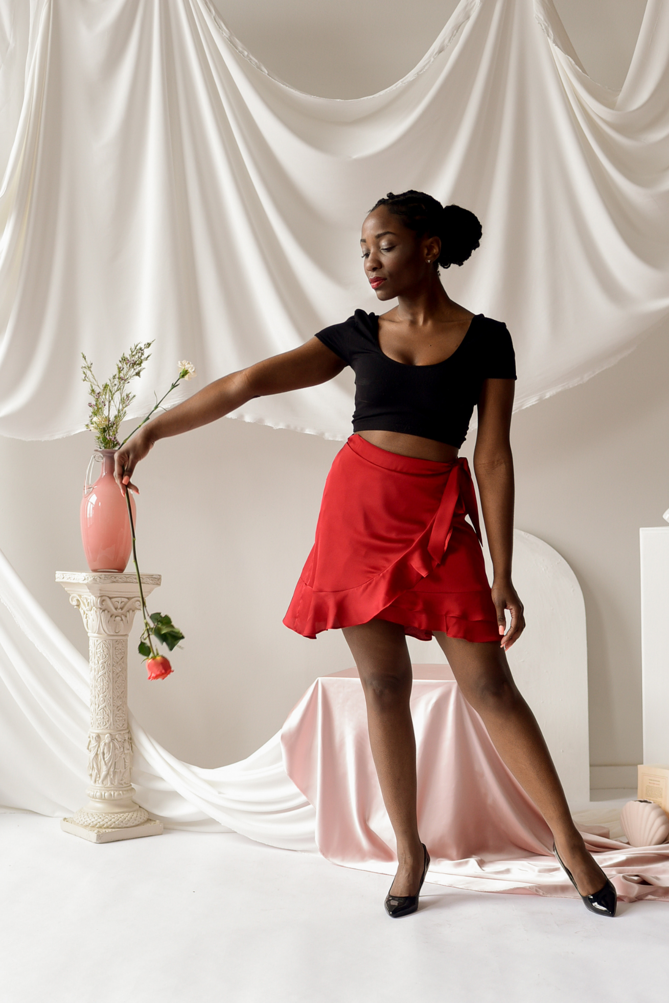 Sensuality - Red satin wrap skirt with ruffles